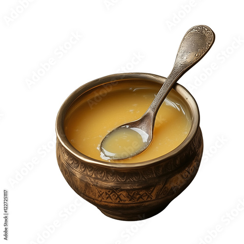 Cow Ghee, Desi Ghee Bowl, Desi Pahadi Cow Ghee, clarified liquid butter, Ghee or clarified butter in jar and wooden spoon, ghee in  Copper container or ceramic jar with spoon