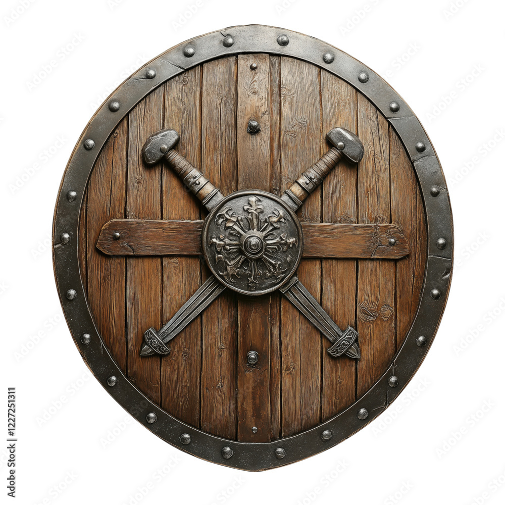 Fototapeta premium Medieval wooden shield with steel reinforcements and crossed swords, featuring a rustic design, isolated on a transparent background. Perfect for historical and fantasy themes.