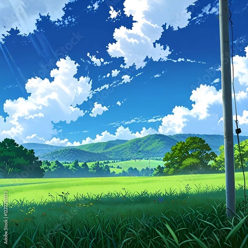Summer Meadow Landscape with Blue Sky and Fluffy Clouds