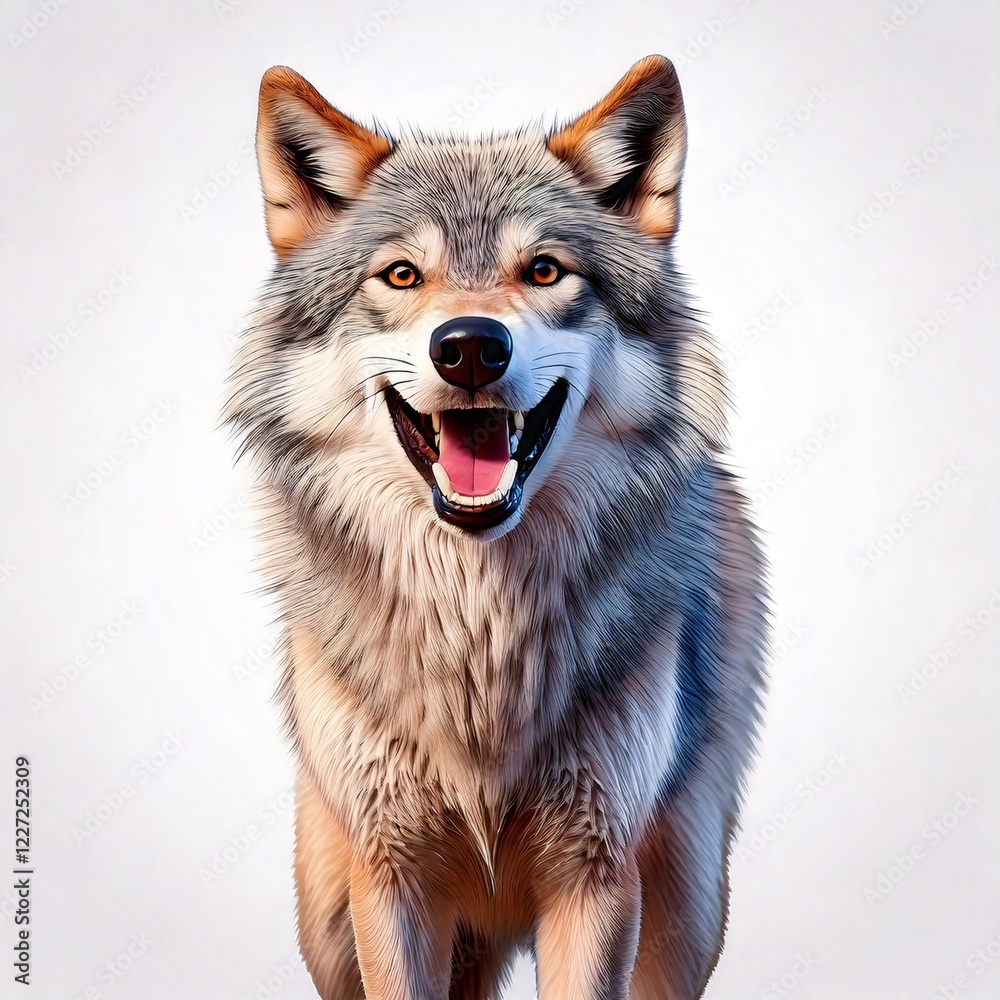 Fototapeta premium Smiling wolf showing teeth on white background