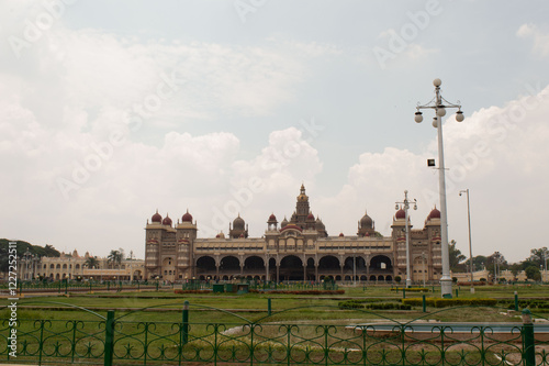 Mysore, Karnataka, India - APRIL 19, 2019: Mysuru palace Beautiful decoated interior ceiling and pillars of the Ambavilasa Hall, inside the royal Mysore Palace. and dasara elephants, Temples photo