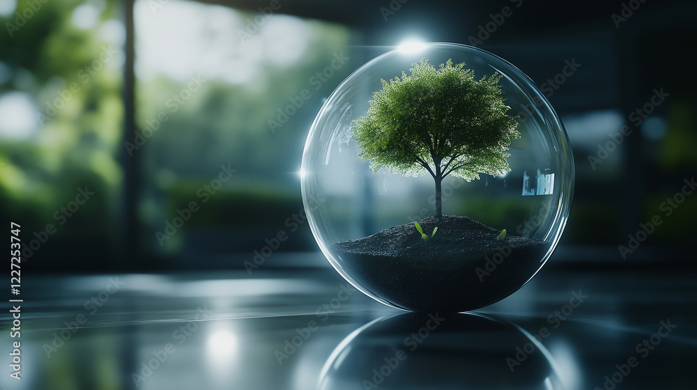 A growing tree enclosed in a glass sphere, with soft rays of light shining through the orb, representing the idea of growth, protection, and sustainable development in business ven A growing tree enclosed in a glass sphere, with soft rays of light shining through the orb, representing the idea of growth, protection, and sustainable development in business ven