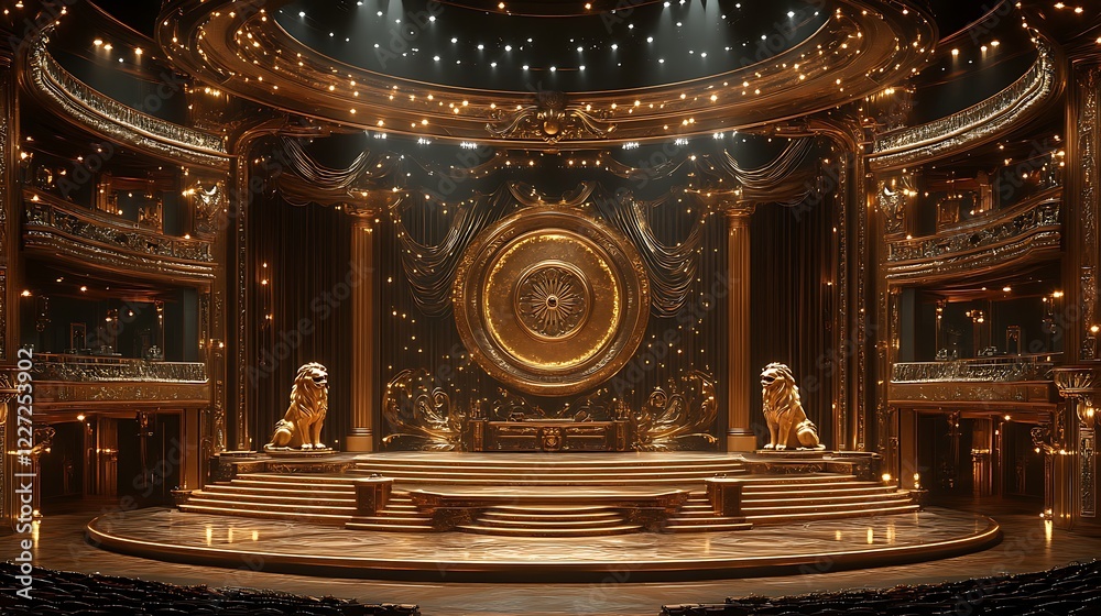 Obraz premium Luxurious stag golden glow grand architecture lion statues setting image