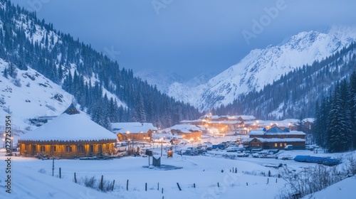 Hotel and Restaurant from Yurt nomadic house complex at Ski resort Shymbulak in Almaty, Kazakhstan. Winter frozen morning blue hour outdoor tourism concept.