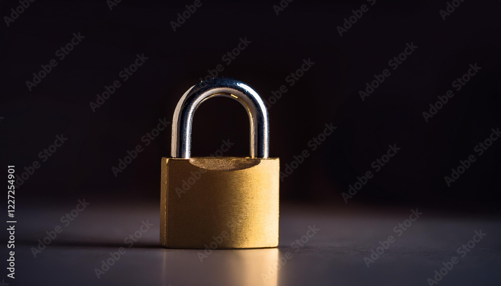 Fototapeta premium Golden padlock on dark backdrop. Security, safety and protection concept.