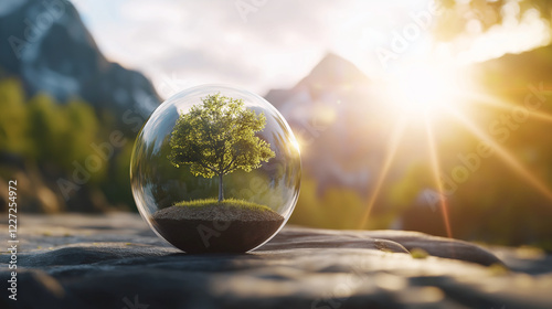 A small but resilient tree encased in a perfectly clear glass sphere, with soft rays of sunlight filtering through, symbolizing the sustained growth of a startup in a protected env photo