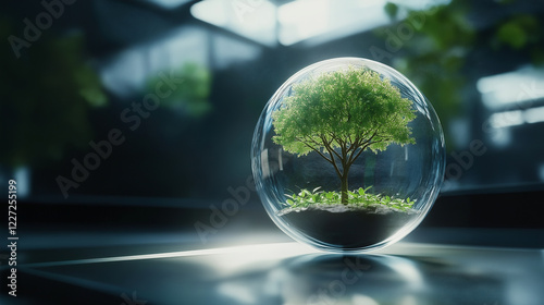 A flourishing tree inside a floating glass globe, gently glowing from within, symbolizing the protective environment that encourages and sustains startup growth.