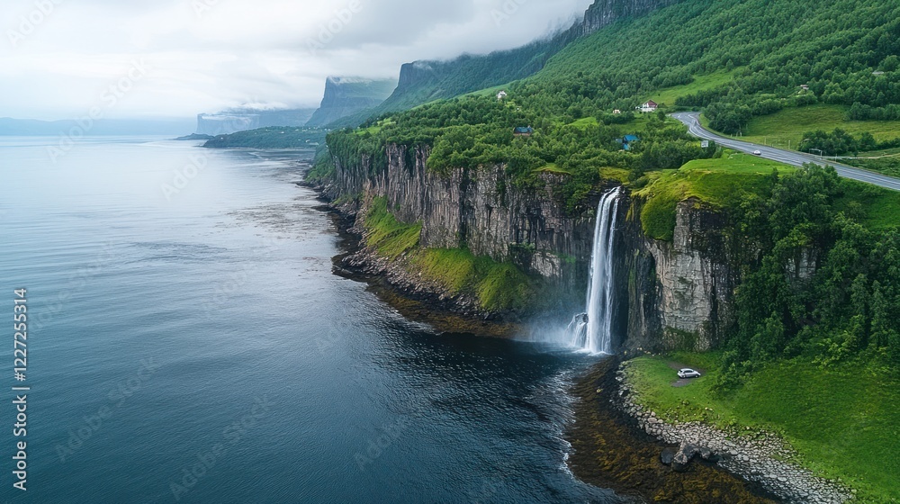 Coastal Waterfall, Dramatic Cliffs, Green Hills, Cloudy Sky, Nature Tourism Coastal Waterfall, Dramatic Cliffs, Green Hills, Cloudy Sky, Nature Tourism