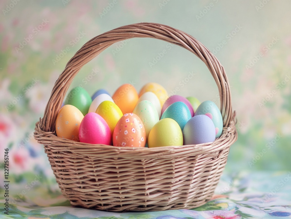 A basket full of colorful Easter eggs. The basket is woven and has a basket handle. The eggs are of different colors and sizes, and they are arranged in a way that makes them look like a rainbow A basket full of colorful Easter eggs. The basket is woven and has a basket handle. The eggs are of different colors and sizes, and they are arranged in a way that makes them look like a rainbow