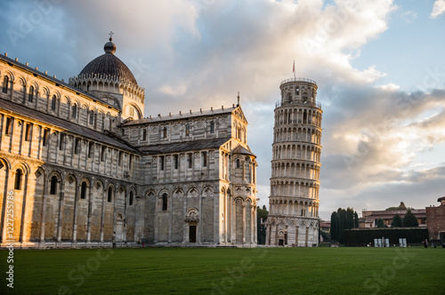 Piazza dei Miracoli with leaning tower and cathedral at sunrise, Pisa, Tuscany, Italy photo