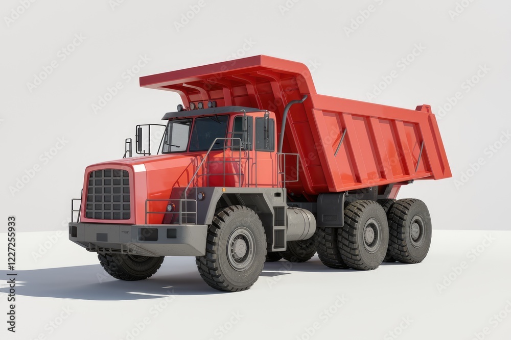 A large red dump truck, powerful and robust, designed for heavy-duty hauling in construction or mining. A large red dump truck, powerful and robust, designed for heavy-duty hauling in construction or mining.