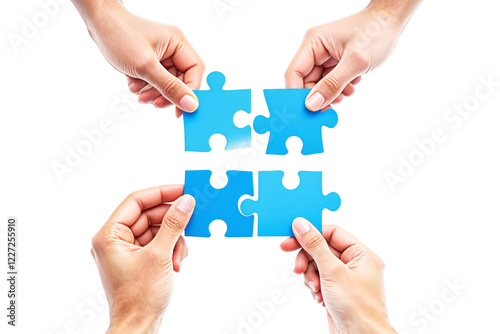 Four hands holding blue puzzle pieces connecting them, forming a complete puzzle piece on a clean white background. Concept of teamwork. Ai generative photo