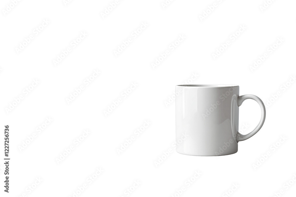 Obraz premium Minimalistic white ceramic mug placed on a white isolated background. Clean and bright design, perfect for mockups, templates, and presentations. Ai generative
