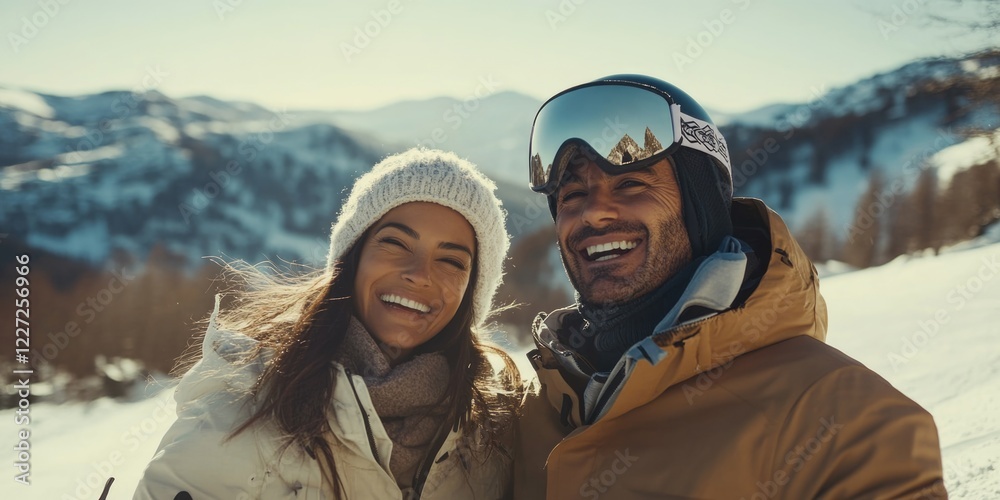 A man and a woman are smiling and posing for a picture on a snowy mountain. The man is wearing a yellow jacket and the woman is wearing a white hat and scarf. Scene is cheerful and happy
