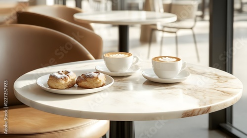 Wallpaper Mural Two Latte Cups Pastry Delicious Coffee Break Cafe Morning Sunlight Cozy Atmosphere Breakfast Table Marble Elegant Sweet Treats Coffee Shop Relaxing    Torontodigital.ca