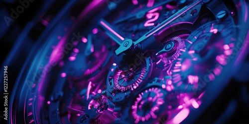 A close up of a watch with the hands at the numbers 2 and 3. The watch is purple and has a futuristic look to it