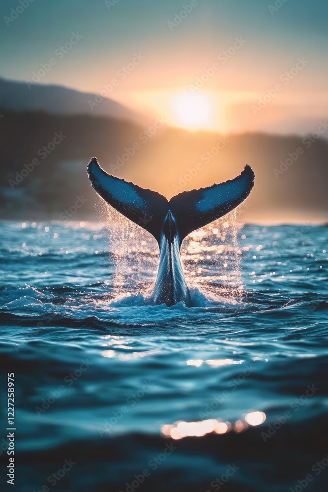 Fototapeta premium Whale tail in the ocean at sunset. Selective focus.