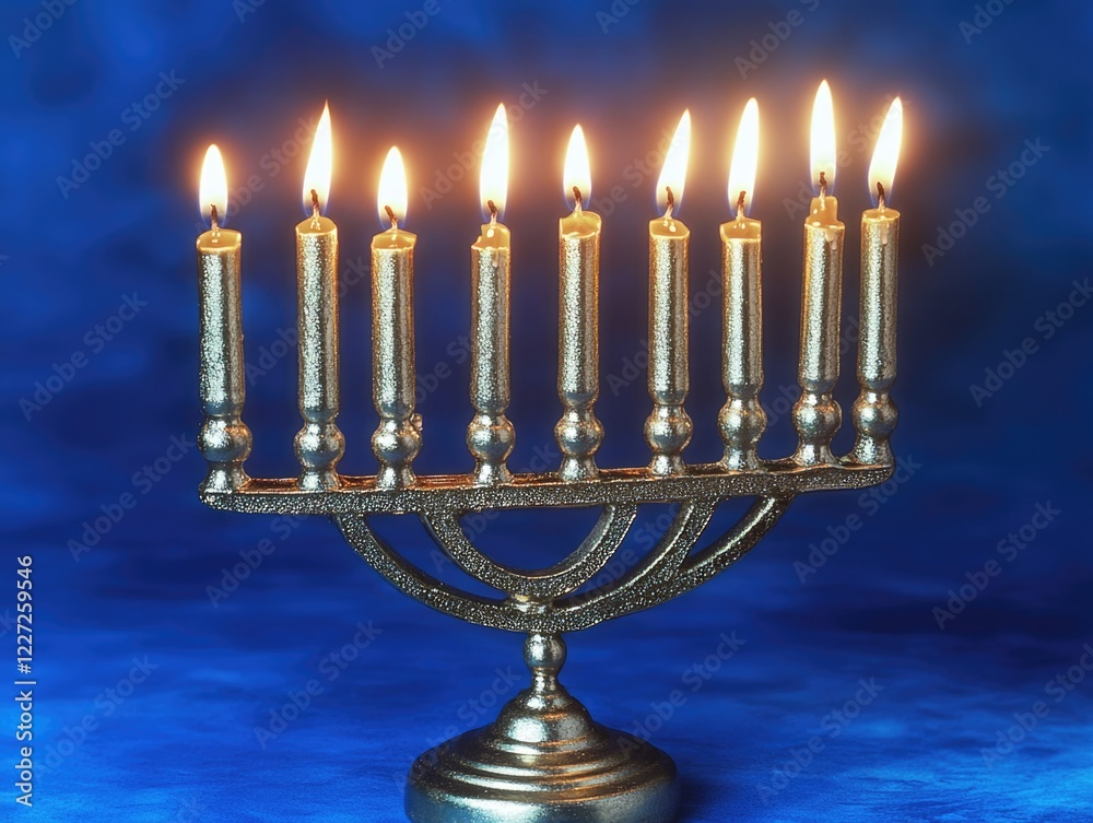 A lit menorah with seven candles on it. The candles are lit and the menorah is on a blue background A lit menorah with seven candles on it. The candles are lit and the menorah is on a blue background