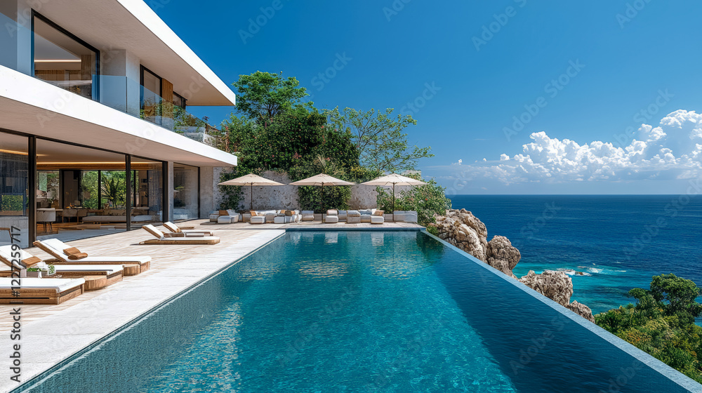 Fototapeta premium Luxury modern villa with infinity pool, ocean view. Dream vacation home, architecture and design. Paradise escape, travel, lifestyle, relax, sunny, serene.