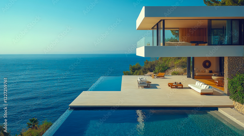 Fototapeta premium Luxury seaside villa with infinity pool. Modern architecture, panoramic ocean views. Minimalist design, elegant living, outdoor terrace. Coastal, home, pool, lifestyle.