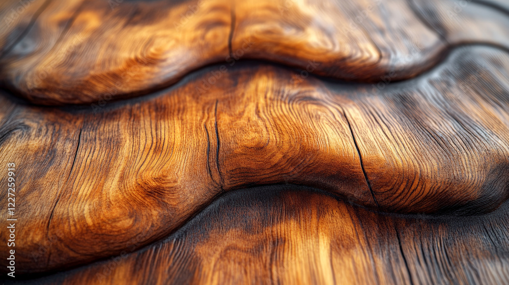 Sculpted wood texture with flowing, wave-like patterns and rich grain. Warm, natural tones offer a unique design background. Organic, rustic, detailed, woodworking, craftsmanship