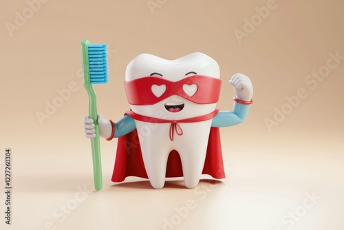 A superhero tooth character holding a toothbrush, promoting oral hygiene.