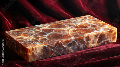 Brown onyx block on red velvet, backdrop for product display