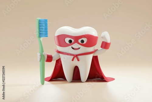 A superhero tooth holds a toothbrush, promoting oral hygiene for kids. photo