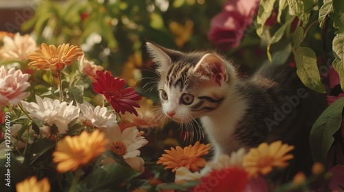 Kitten in Flower Garden