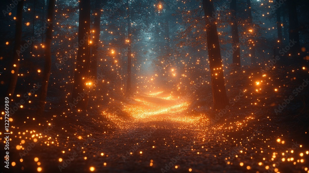 Naklejka premium Enchanting Fireflies Illuminating a Mystical Forest Path at Twilight with a Dreamy Atmosphere