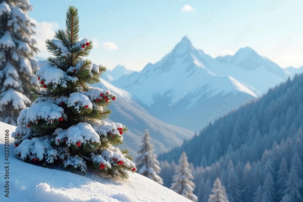 Fototapeta premium Snow-covered pine tree with bright green needles and bright red berries in front of a snowy mountain landscape, peaceful landscape, snow covered trees