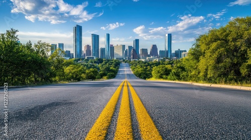 Austin Skyline Viewed From A Long Straight Road