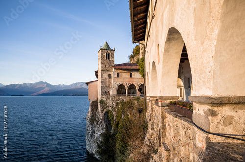 Sunset on the hermitage on the lake, Lombardy, Italy