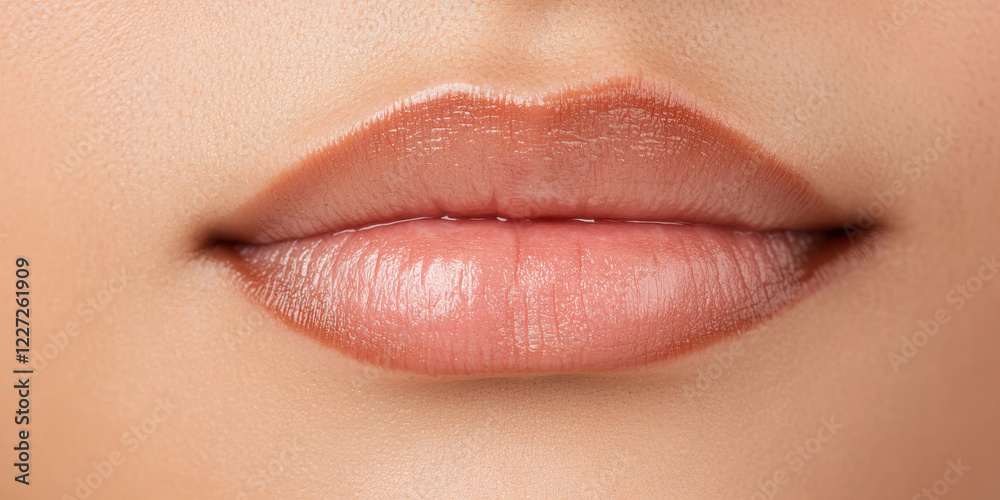 Fototapeta premium Close-up Image of Lips with Nude-Pink Lipstick and Lip Liner