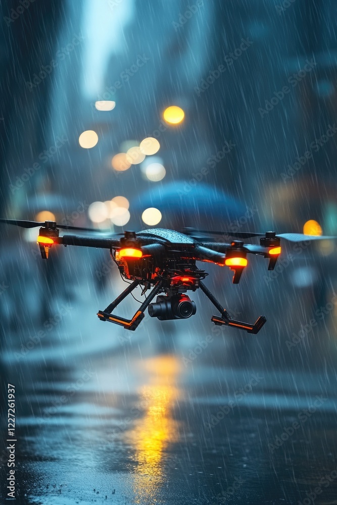 A drone is flying in the rain. The drone is black and orange A drone is flying in the rain. The drone is black and orange