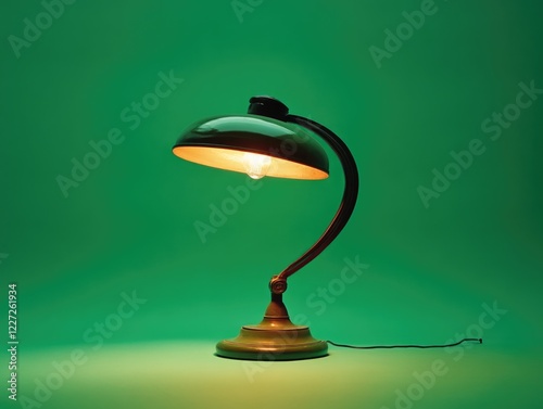 A lamp with a green shade is lit up. The light is on and the lamp is turned on photo