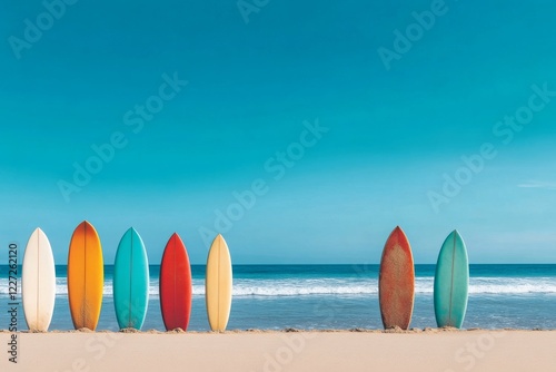 Wallpaper Mural A row of colorful surfboards standing upright on a sandy beach. Generative AI Torontodigital.ca