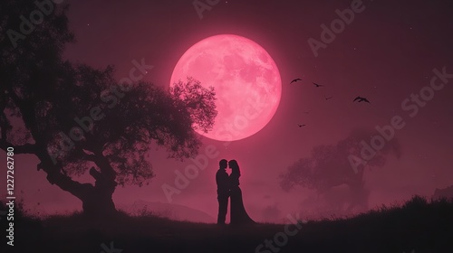 Young Couple Hugging Under Glowing Pink Moon with Silhouetted Trees and Birds photo