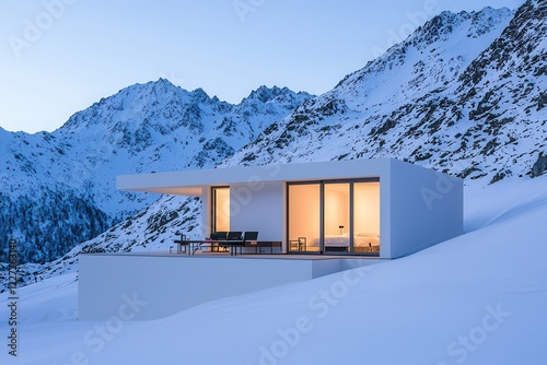 Digital transformation integrates IoT seamlessly. Modern cabin nestled in snowy mountains at twilight. photo