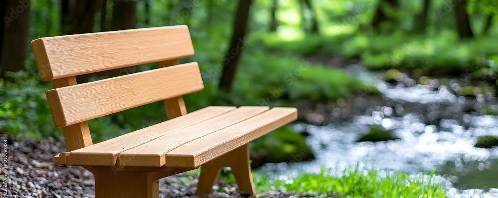 Fototapeta premium Serene escape: Wooden bench by a tranquil forest stream, inviting quiet reflection and peace.