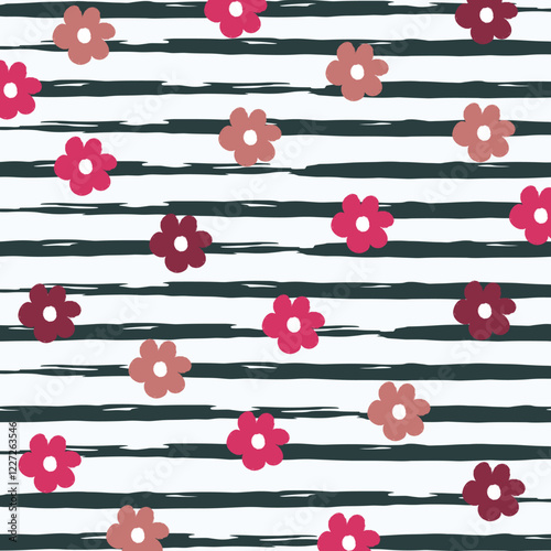 cute flowers on striped background. Floral seamless pattern drawn by hand with brush. Sketch, doodle. Girly vector illustration.