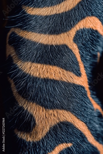 A close up of a tiger's fur with a black and orange stripe. The fur is very thick and has a lot of texture