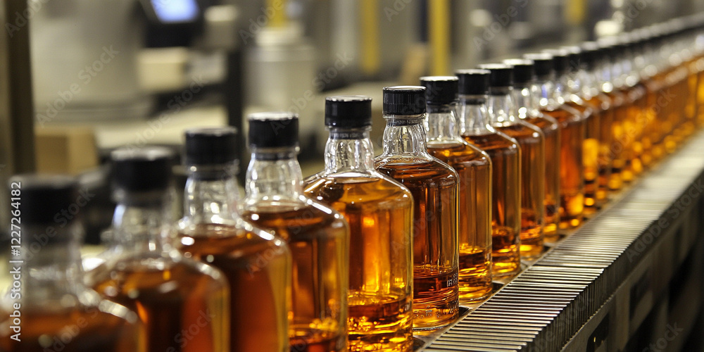 Bottling process of amber liquid in a production facility Bottling process of amber liquid in a production facility