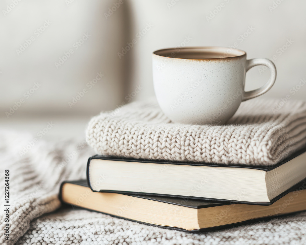 Cozy reading nook with warm blankets, books, and cup of coffee. Perfect for relaxation and enjoying good story Cozy reading nook with warm blankets, books, and cup of coffee. Perfect for relaxation and enjoying good story