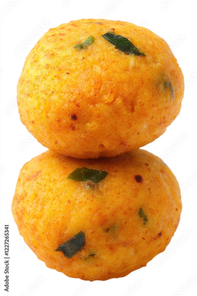Two round yellow food items stacked on top of each other. The food items are covered in spices and herbs Two round yellow food items stacked on top of each other. The food items are covered in spices and herbs