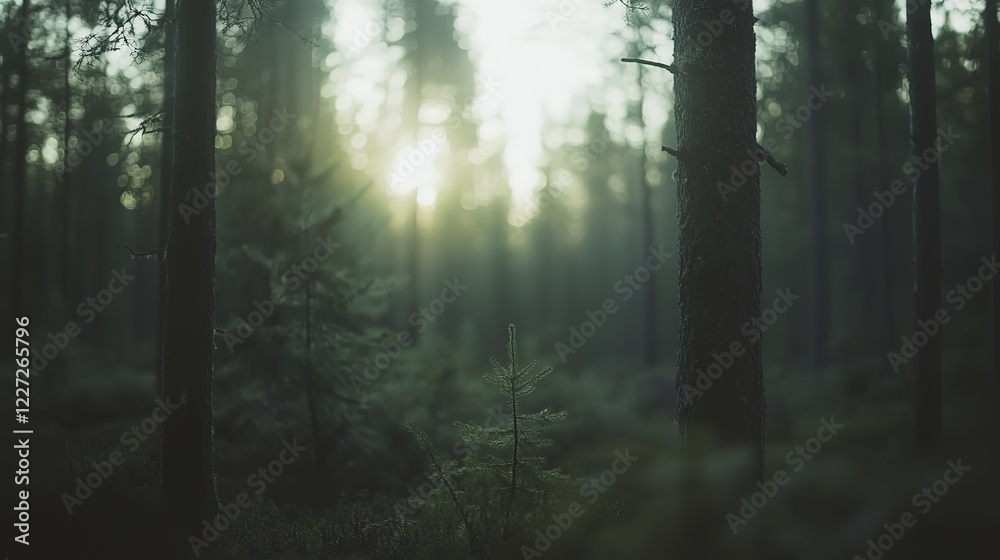 Fototapeta premium Tranquil forest bathed in soft sunlight, earthy tones blending harmoniously, evoking peace and natural serenity.