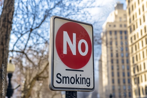 No Smoking Sign in Urban Setting with City Buildings in the Background photo