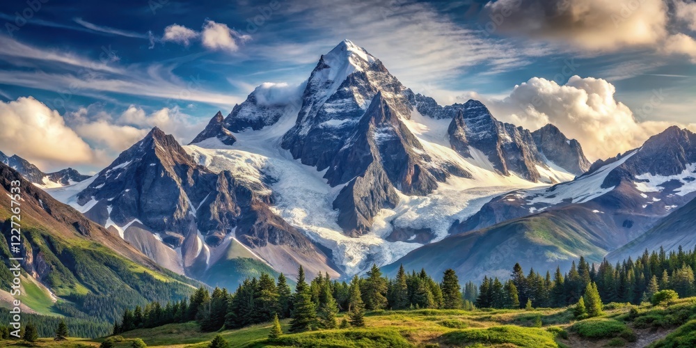 Obraz premium Mountain landscape with snow-covered peak, rugged terrain, and serene atmosphere