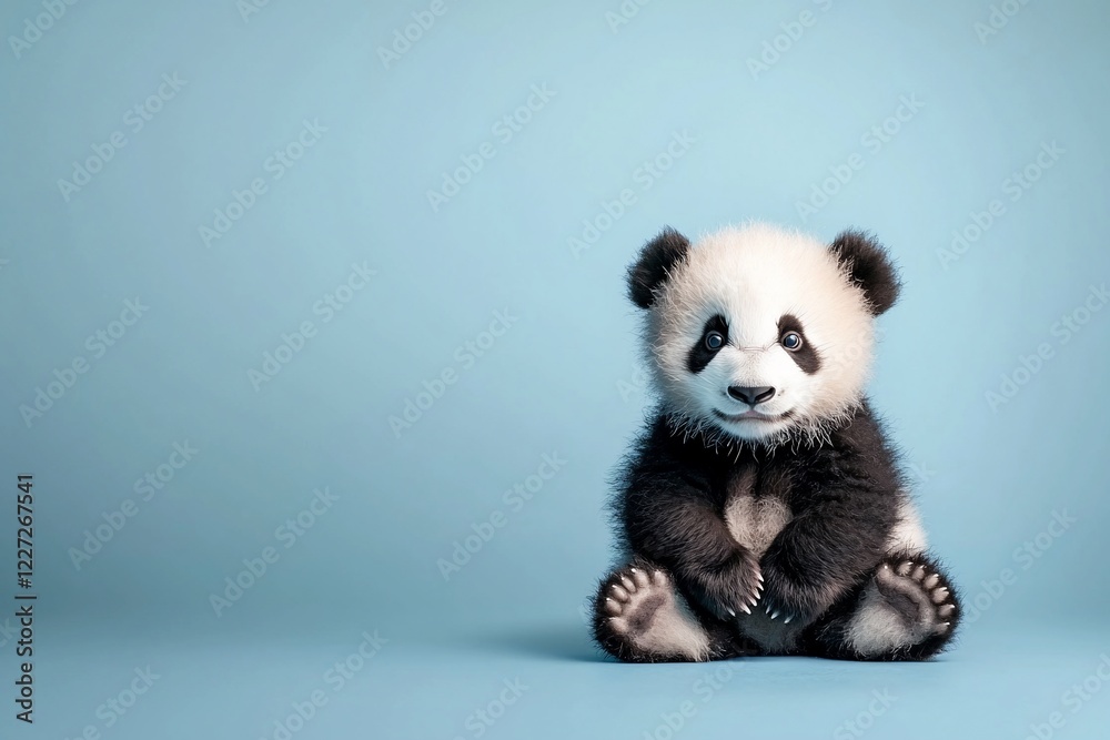 Fototapeta premium Adorable baby panda sitting on a soft blue background, exuding cuteness and charm