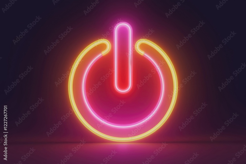 Neon power button glowing in dark background; vibrant, modern design. Neon power button glowing in dark background; vibrant, modern design.